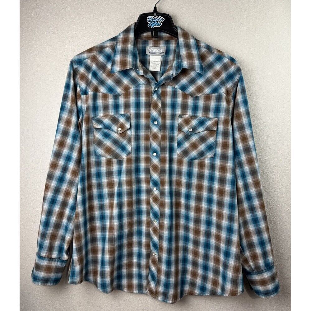 Wrangler XL Blue Brown Plaid Western Long Sleeve Pearl Snap Button Shirt